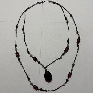 Necklace - Pendant double strand black metal; burgundy, white and clear beads